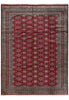 Load image into Gallery viewer, A traditional oriental area rug with a deep red field, featuring a repeating geometric diamond pattern in beige and gray, and a matching ornate border.