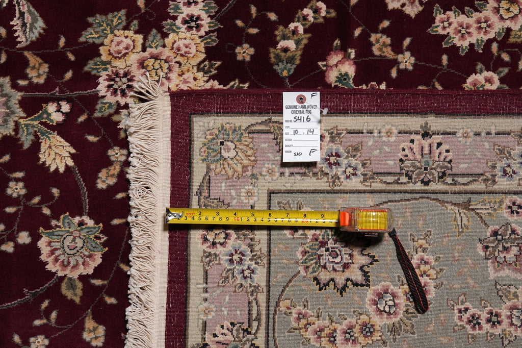 10 x 14 Fine Quality Handmade  Rug Wool and Silk Burgundy Green #F-5416