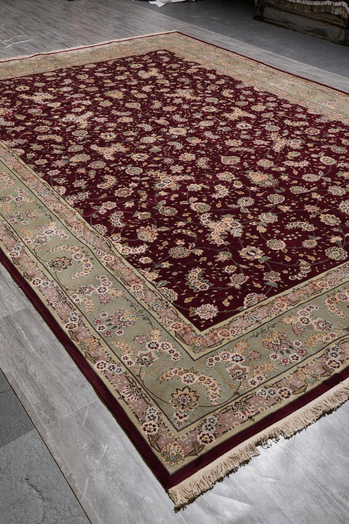 10 x 14 Fine Quality Handmade  Rug Wool and Silk Burgundy Green #F-5416