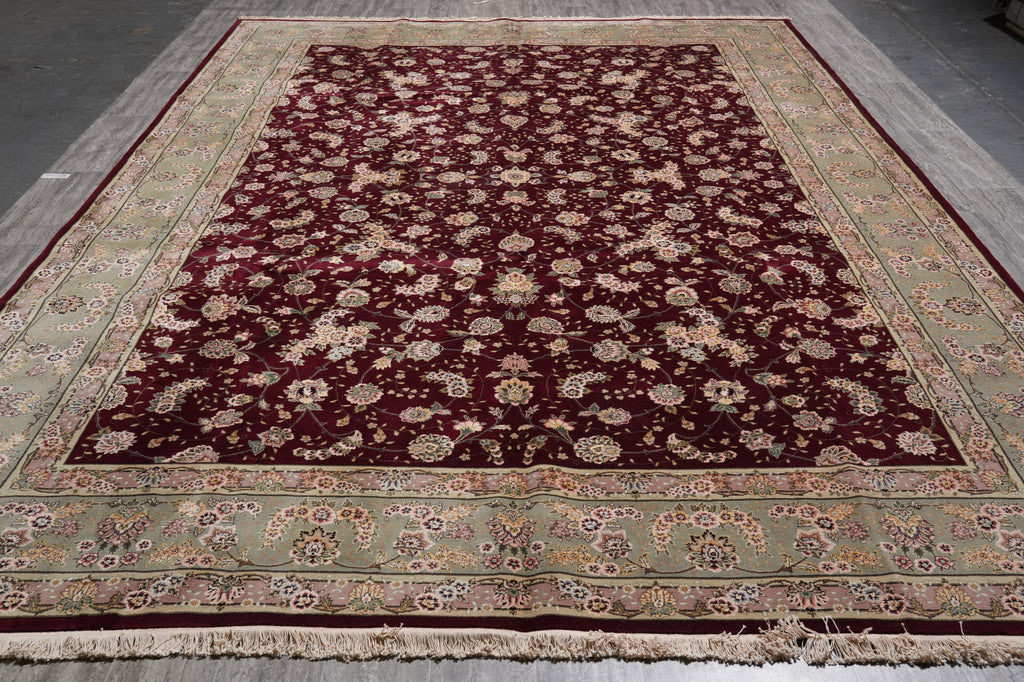 10 x 14 Fine Quality Handmade  Rug Wool and Silk Burgundy Green #F-5416