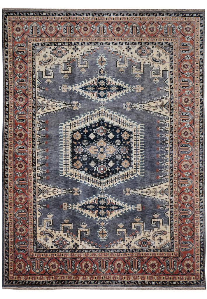 9 x 12 New Hand-Knotted Agra Rug Slate Gray Blue Geometric