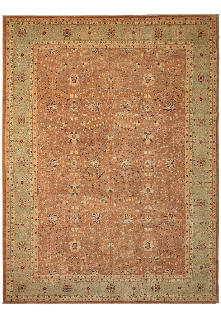 A traditional oriental-style area rug with a warm terracotta center field, a muted sage green border, and intricate floral motifs in beige, brown, and rust tones.