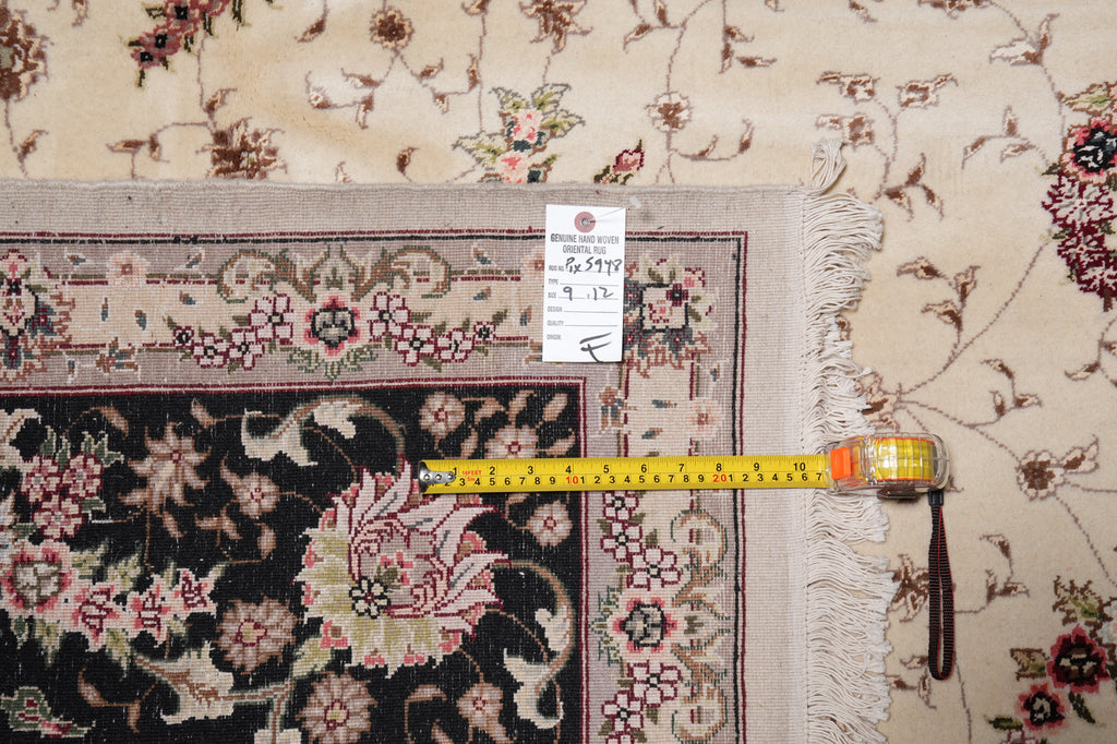 9 x 12 High Quality Wool and Silk Hand-Knotted Rug Ivory Black #PIX-5948