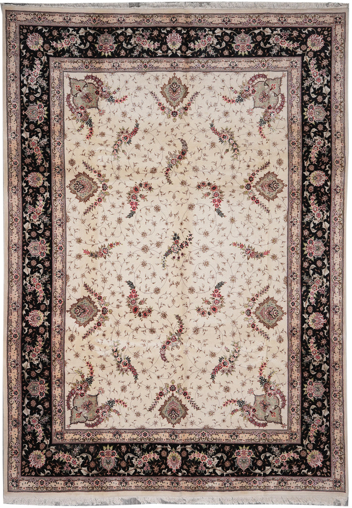 9 x 12 High Quality Wool and Silk Hand-Knotted Rug Ivory Black