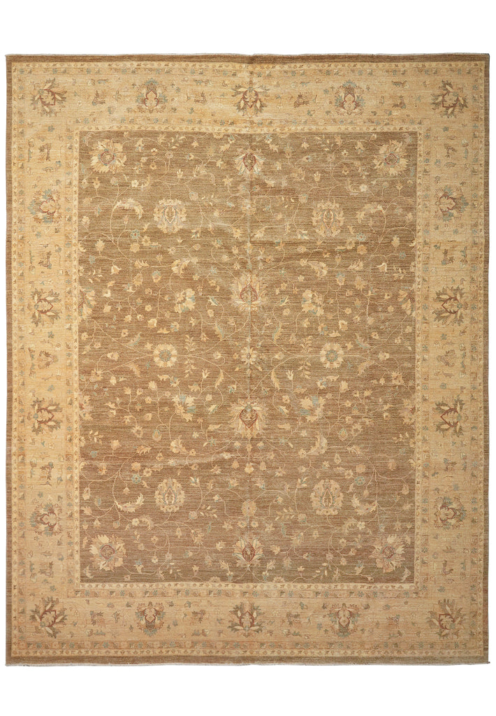 A traditional oriental-style area rug with an intricate floral and medallion pattern, featuring a warm beige and brown color palette with subtle muted accents.