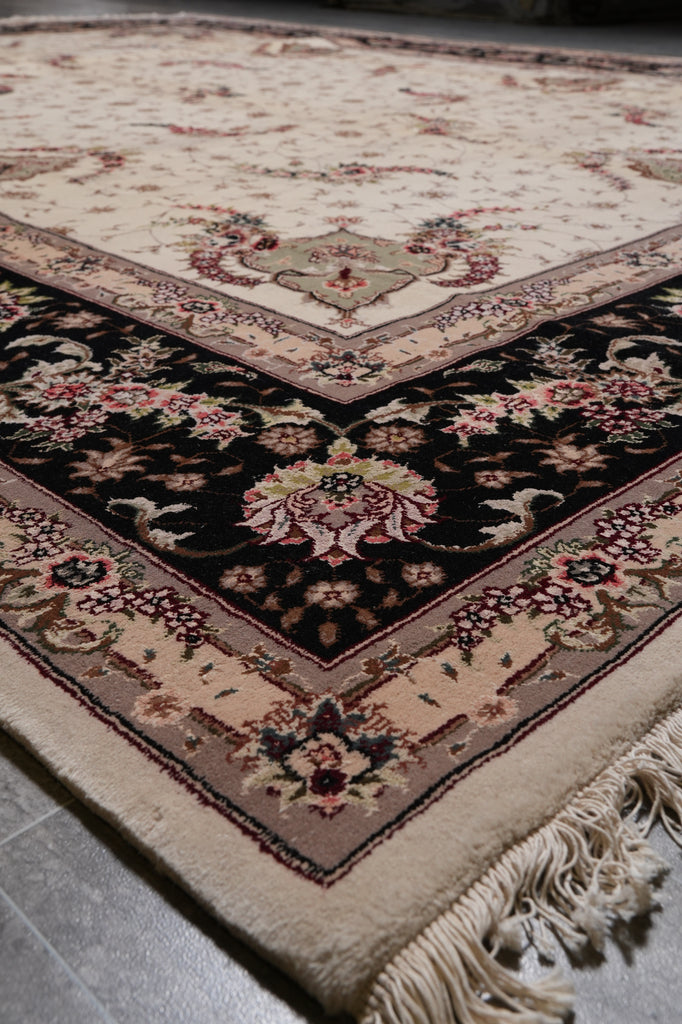 9 x 12 High Quality Wool and Silk Hand-Knotted Rug Ivory Black #PIX-5948