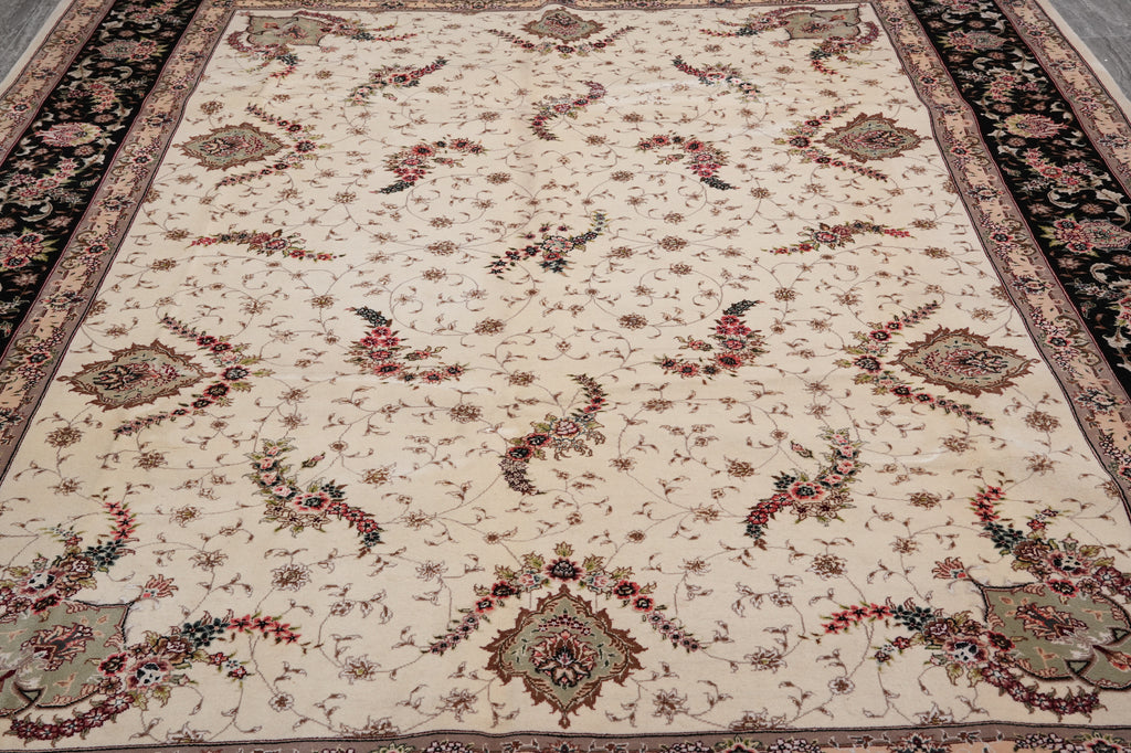 9 x 12 High Quality Wool and Silk Hand-Knotted Rug Ivory Black #PIX-5948