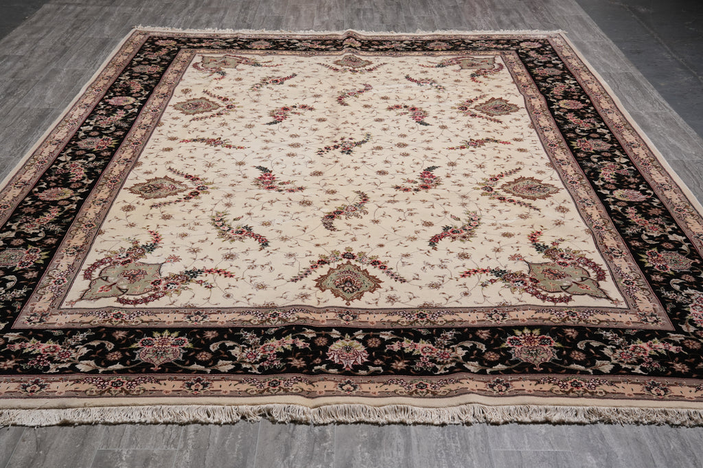 9 x 12 High Quality Wool and Silk Hand-Knotted Rug Ivory Black #PIX-5948