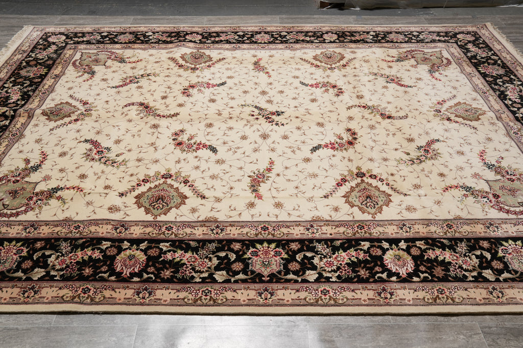 9 x 12 High Quality Wool and Silk Hand-Knotted Rug Ivory Black #PIX-5948