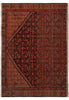 Load image into Gallery viewer, A traditional oriental area rug with a complex floral and geometric pattern, featuring a dark central field, a red border, and cream fringe on the sides.