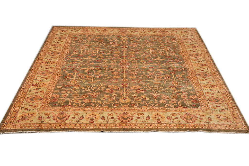 8.4 x 9.4 New Soltanabad Chobi Peshawar Rug Green Brown Carpet #F-4330