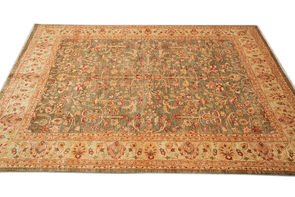 8.4 x 9.4 New Soltanabad Chobi Peshawar Rug Green Brown Carpet #F-4330