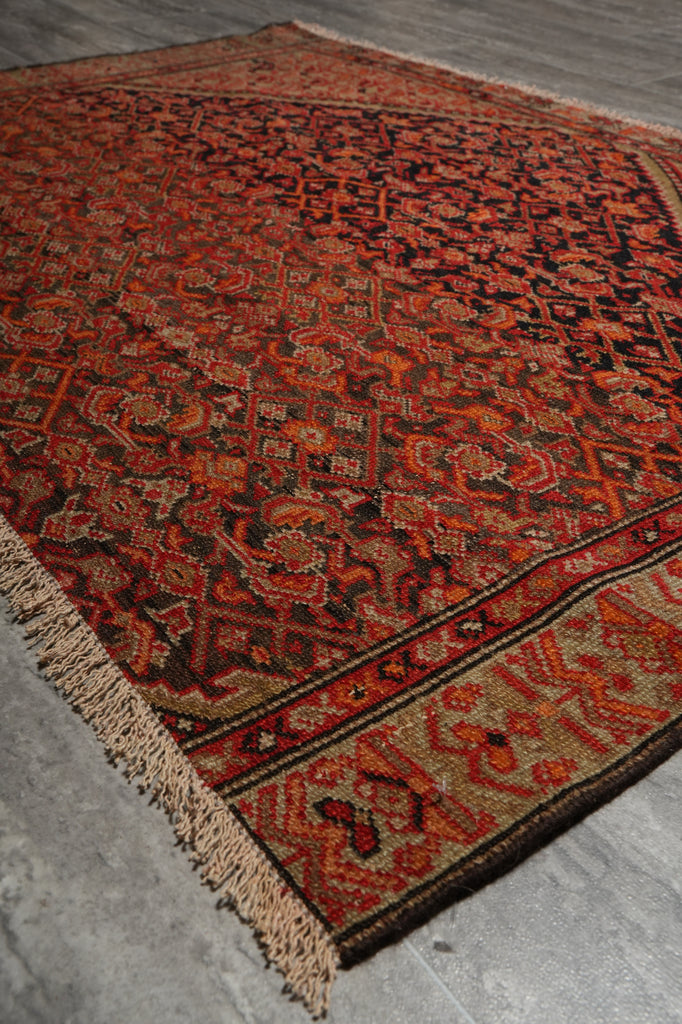 A close-up of a patterned area rug with a fringed edge, shown laid on a gray floor. The rug features a complex traditional design in red, orange, brown, and beige tones.