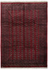 Load image into Gallery viewer, A traditional oriental area rug with a deep red field, intricate dark brown and black geometric patterns, and a matching red border with white fringe on the top and bottom.