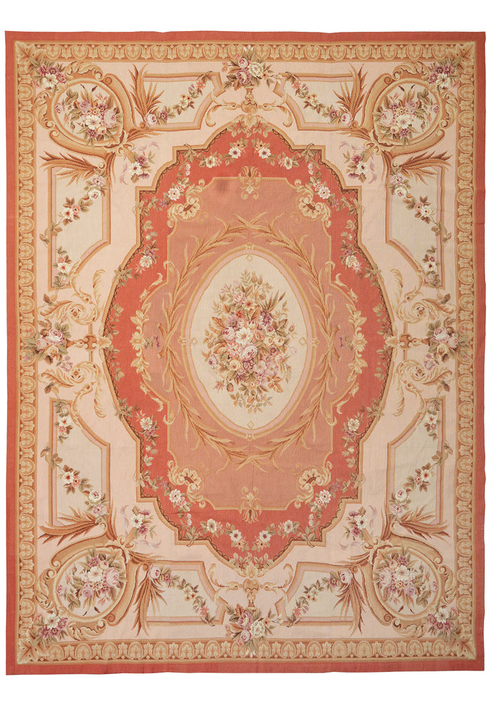 An ornate rectangular area rug with a classic French or French-Italian baroque design. The rug features a central oval medallion and surrounding cartouches filled with floral motifs and classical scrollwork.