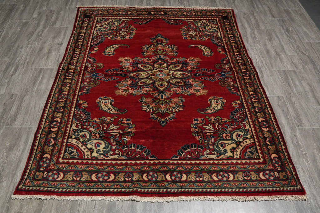 5.3 x 6.9 Red Semi Antique Persian Sarouk Rug #B-73943