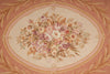 Load image into Gallery viewer, A close-up of a woven floral textile or rug showing an oval bouquet motif in soft pink, cream, beige, and muted green tones, surrounded by a peach border with decorative leafy detailing.