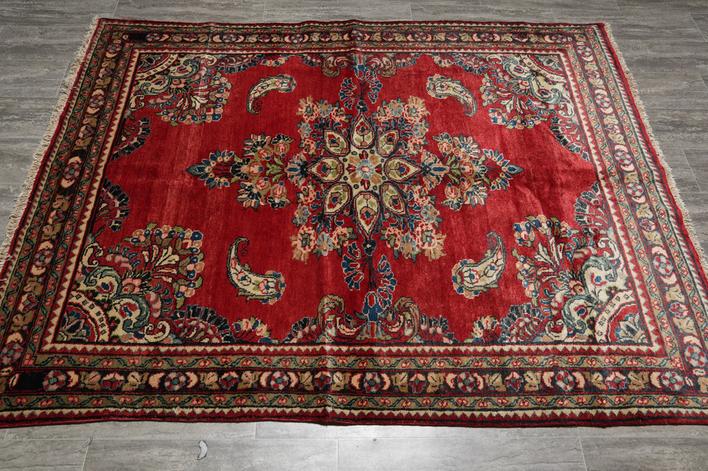 5.3 x 6.9 Red Semi Antique Persian Sarouk Rug #B-73943