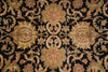 Load image into Gallery viewer, A close-up of an ornate damask-style textile or rug pattern with large floral motifs on a black background, featuring gold, beige, and muted red tones.