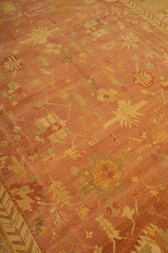 A close-up view of a traditional oriental rug with a warm terracotta orange base and an intricate floral pattern in muted beige, olive green, and rust red.