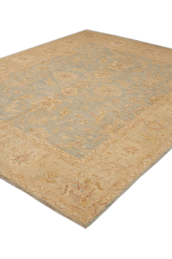 8 x 10 Neutral Green Chobi Peshawar Carpet Light Aqua Blue #F-4337