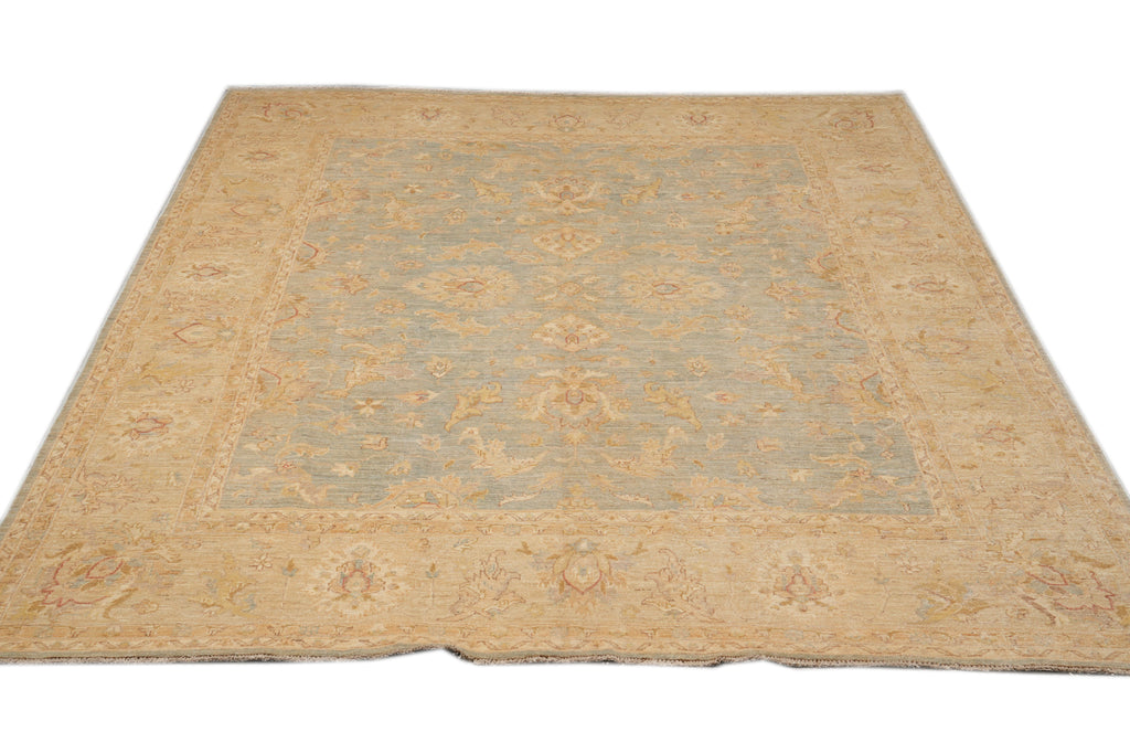 8 x 10 Neutral Green Chobi Peshawar Carpet Light Aqua Blue #F-4337