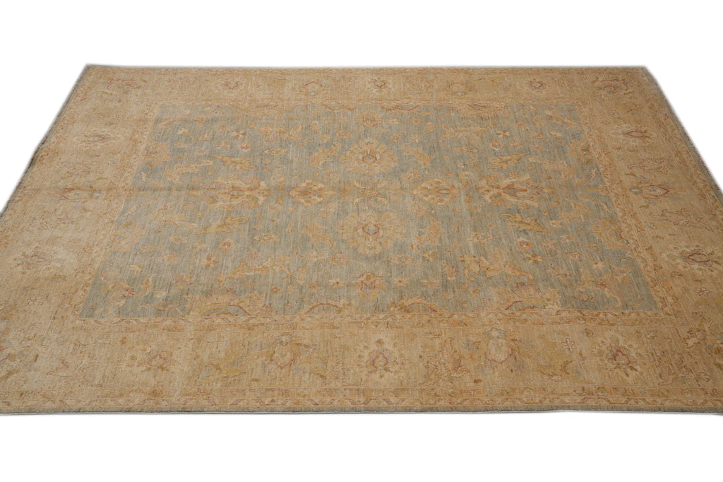 8 x 10 Neutral Green Chobi Peshawar Carpet Light Aqua Blue #F-4337