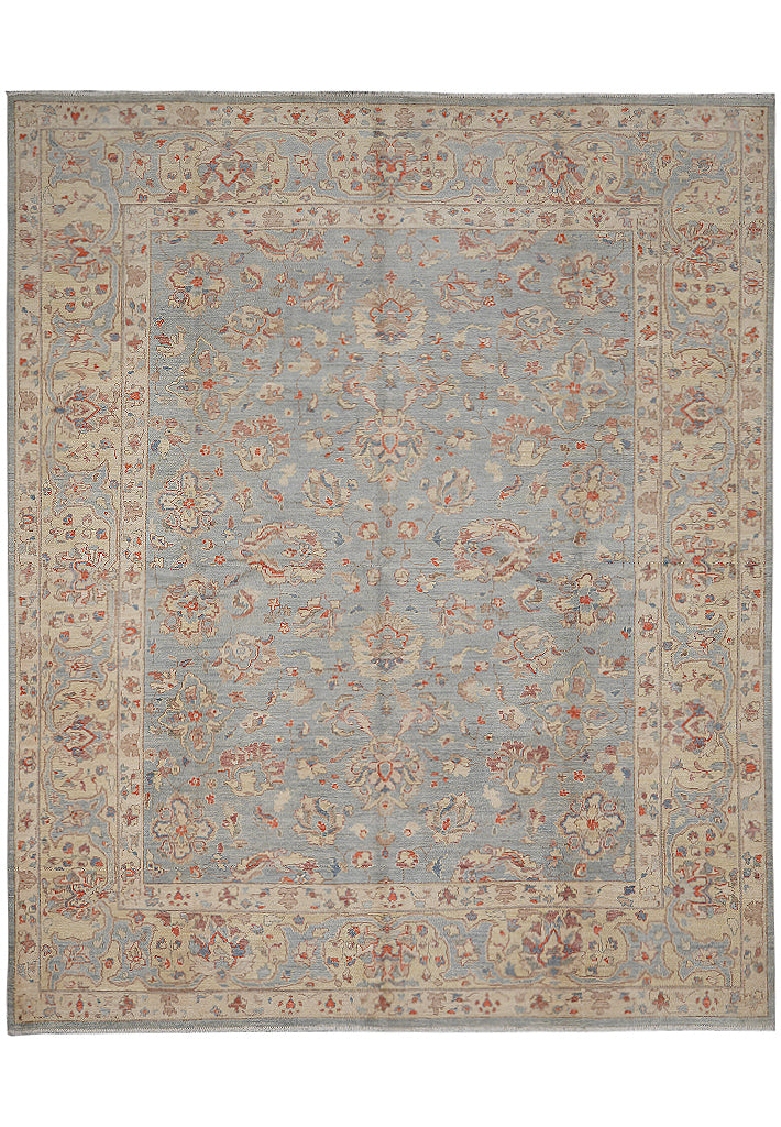 8.2 x 9.7 Light Blue Chobi Peshawar Handmade Natural Wool Rug