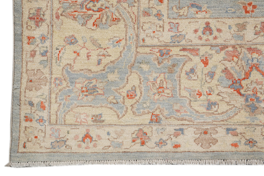 8 x 9.7 Light Blue Chobi Peshawar Handmade Natural Wool Rug #F-4338