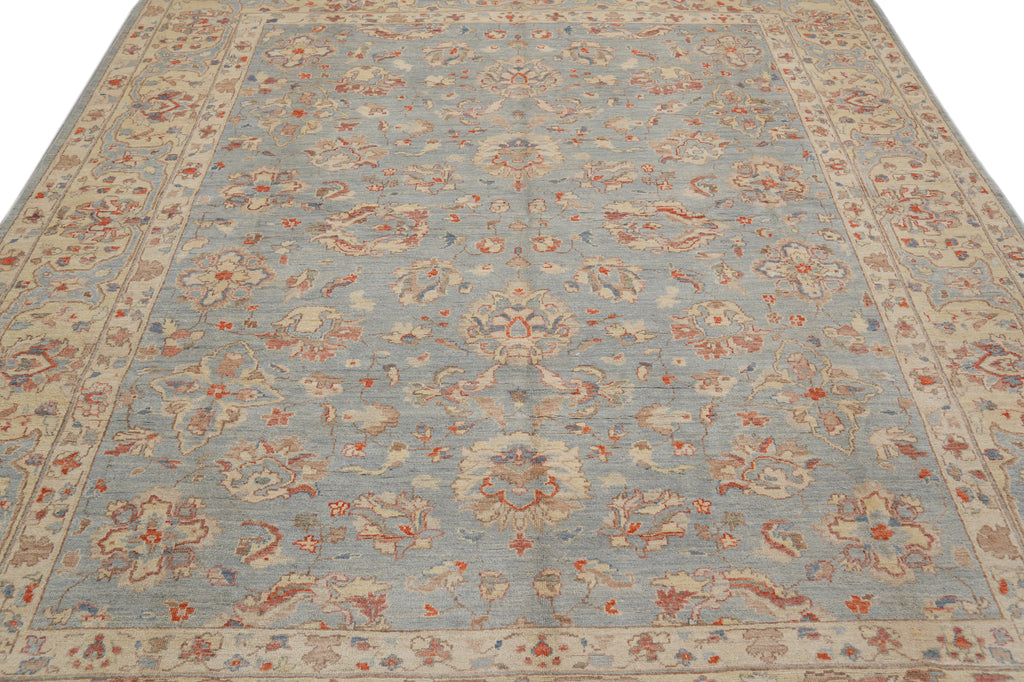 8 x 9.7 Light Blue Chobi Peshawar Handmade Natural Wool Rug #F-4338