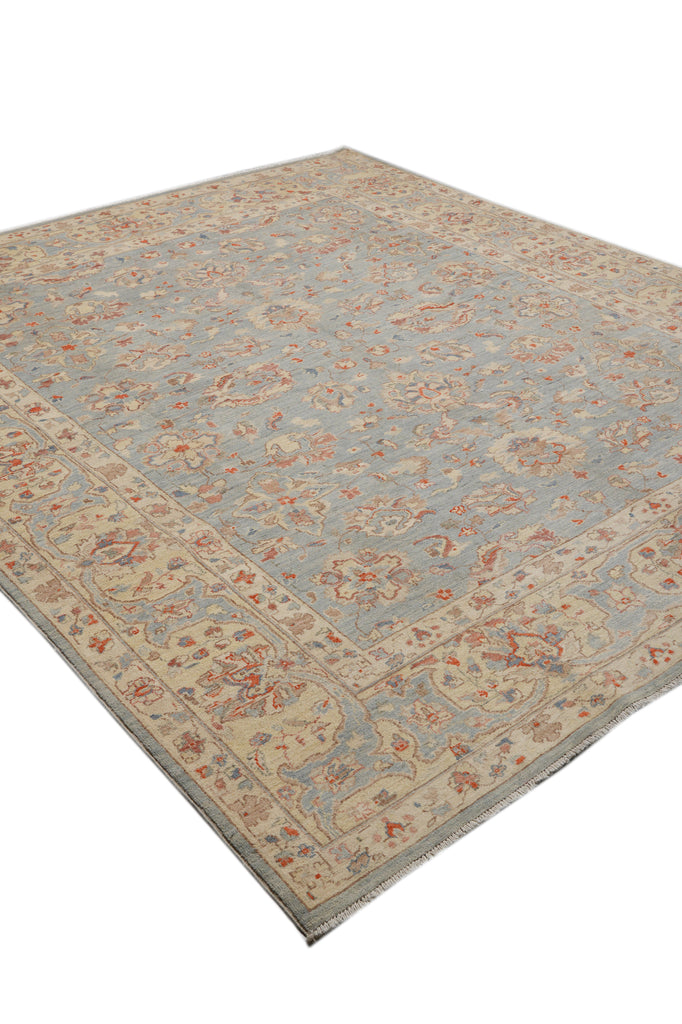 8 x 9.7 Light Blue Chobi Peshawar Handmade Natural Wool Rug #F-4338