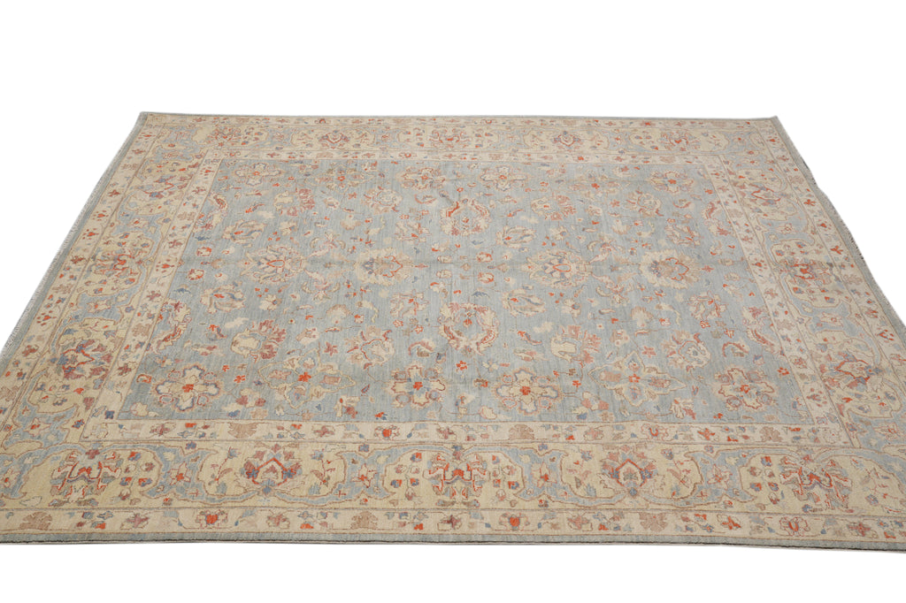 8.2 x 9.7 Light Blue Chobi Peshawar Handmade Natural Wool Rug