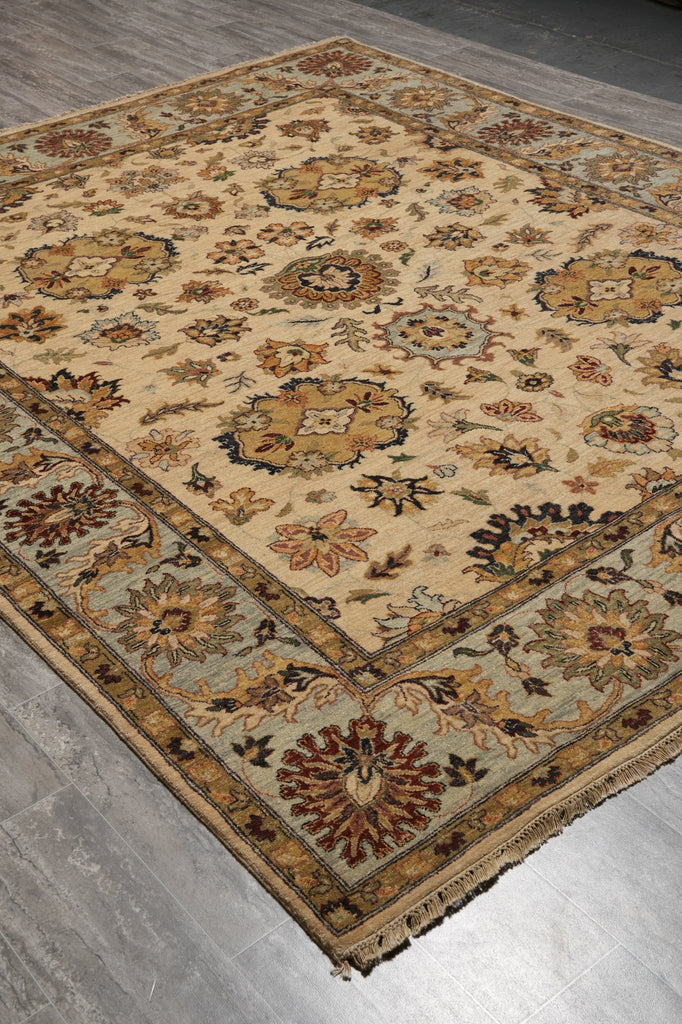 8 x 10 Quality Handmade Wool Rug Beige Blue Gold #F-5282