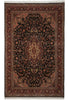 Load image into Gallery viewer, A traditional oriental area rug with an intricate floral and scroll pattern, featuring a dark central medallion, red and brown borders, and cream fringe on the top and bottom.
