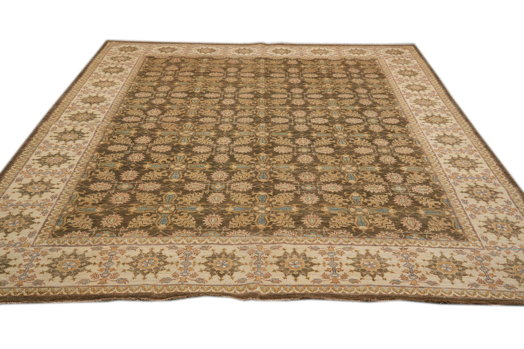 8.1 x 10 Olive Green Chobi Peshawar Carpet Hand-Knotted In Pakistan #F-4343