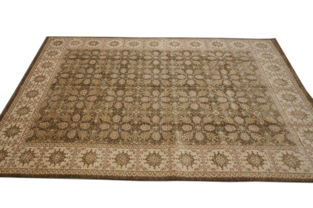 8.1 x 10 Olive Green Chobi Peshawar Carpet Hand-Knotted In Pakistan #F-4343