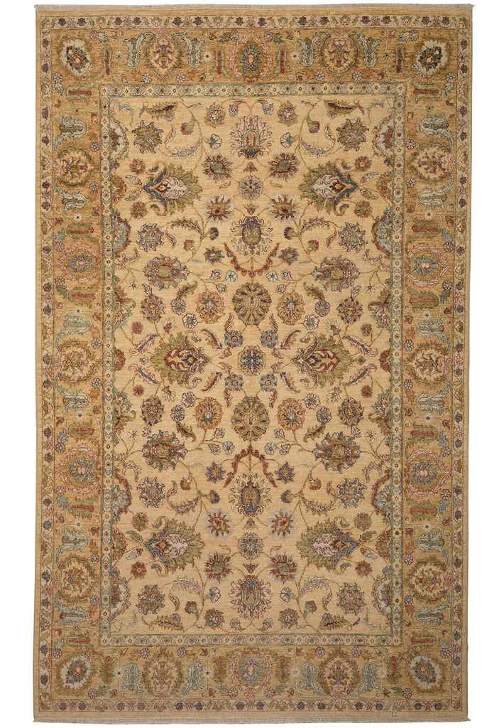 A traditional oriental-style area rug with an intricate floral and medallion pattern, featuring a beige center field, a warm brown border, and muted accents of blue, green, and rust.