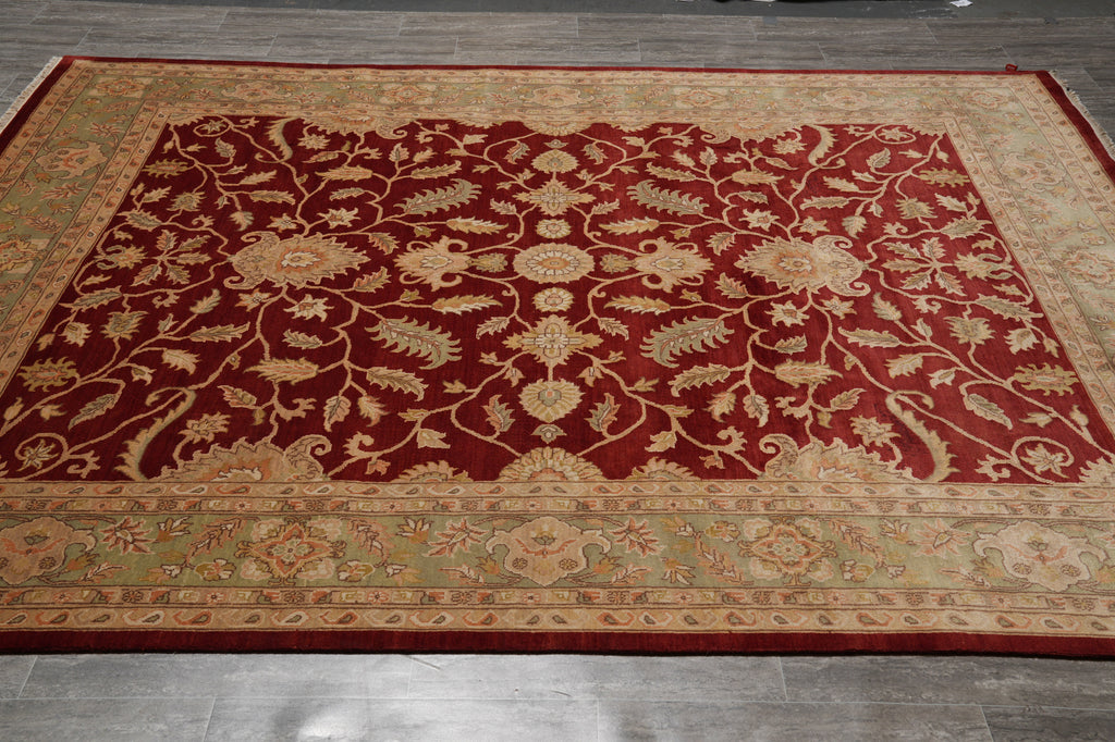 8 x 10 Natural Quality Wool Handmade Peshawar Chobi Rug  Burgundy Green #PIX-10156