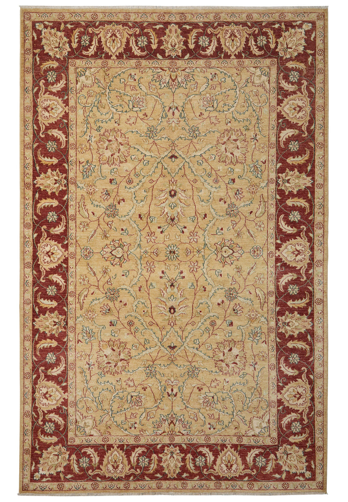 An oriental-style area rug with a beige center field, deep red borders, and intricate floral motifs in muted blue, green, and cream tones.