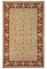 Load image into Gallery viewer, An oriental-style area rug with a beige center field, deep red borders, and intricate floral motifs in muted blue, green, and cream tones.