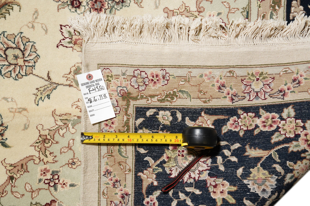 8.6 x 11.8 High Quality Wool And Silk Hand-Knotted Carpet Ivory Black Fancy Rug #F-4350