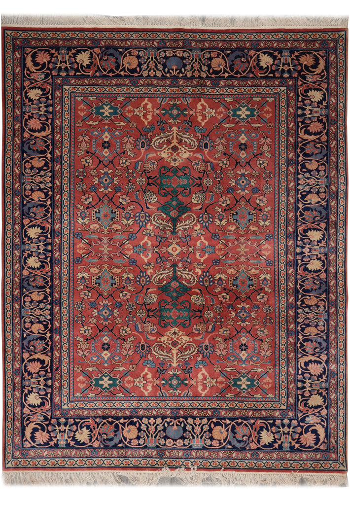 8 x 10 Rust Blue Fine Quality Wool and Silk Handmade Rug