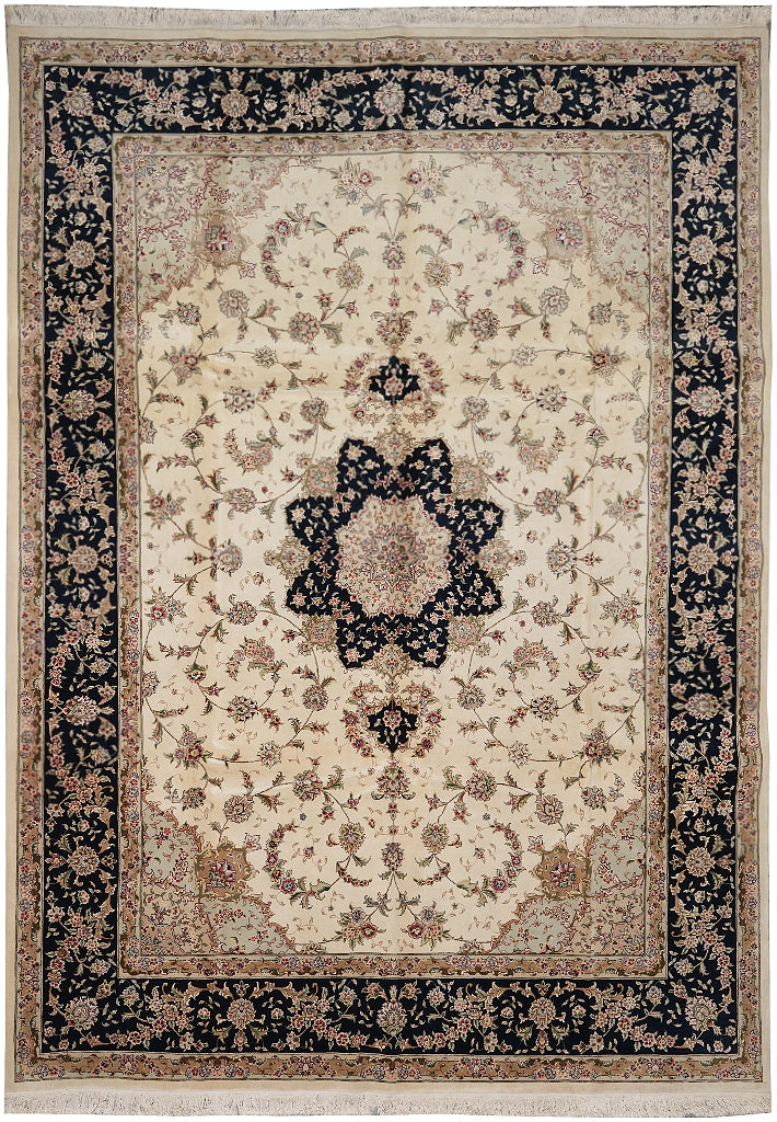 8.6 x 11.8 High Quality Wool And Silk Hand-Knotted Carpet Ivory Black Fancy Rug #F-4350