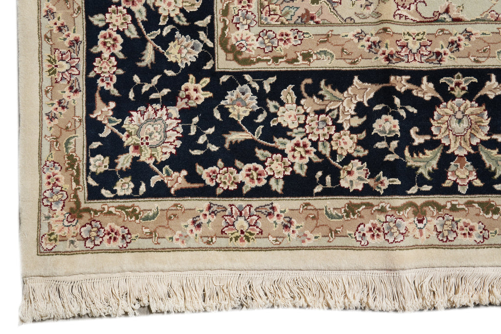 8.6 x 11.8 High Quality Wool And Silk Hand-Knotted Carpet Ivory Black Fancy Rug #F-4350