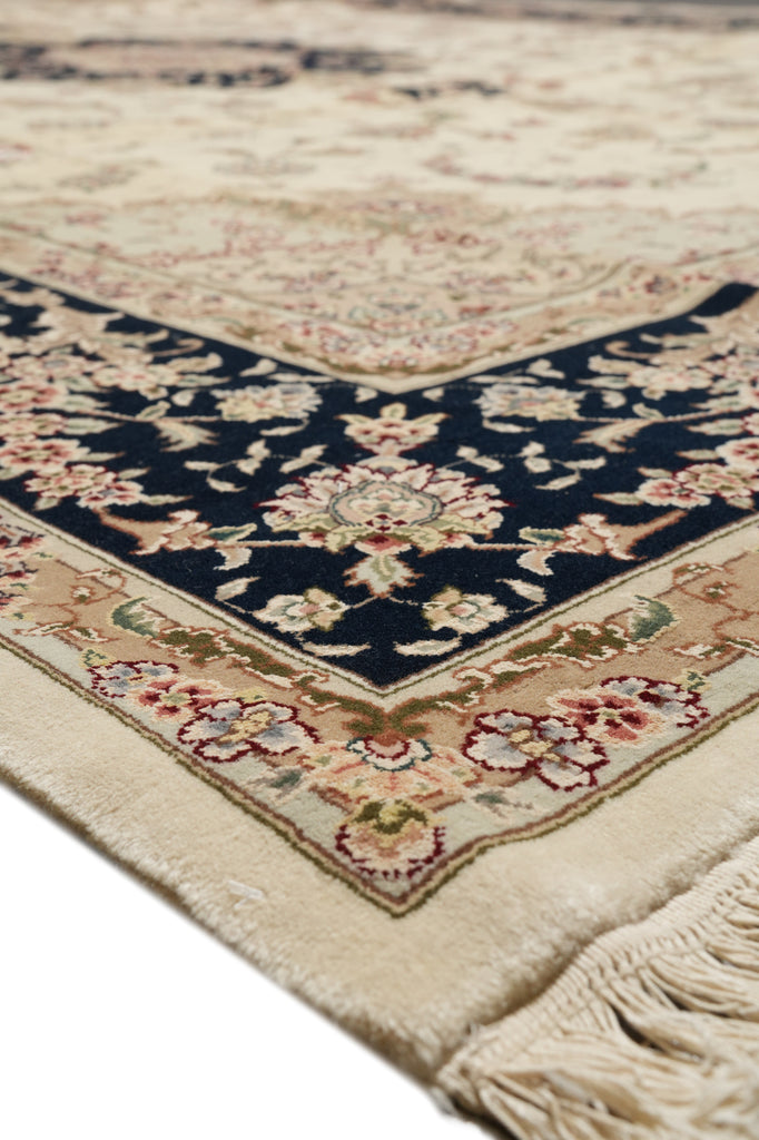 8.6 x 11.8 High Quality Wool And Silk Hand-Knotted Carpet Ivory Black Fancy Rug #F-4350