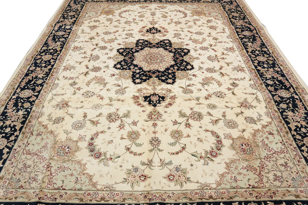 8.6 x 11.8 High Quality Wool And Silk Hand-Knotted Carpet Ivory Black Fancy Rug #F-4350