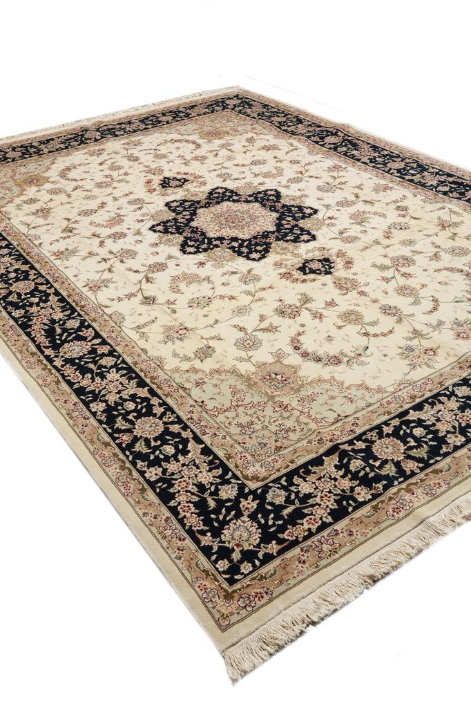 8.6 x 11.8 High Quality Wool And Silk Hand-Knotted Carpet Ivory Black Fancy Rug #F-4350