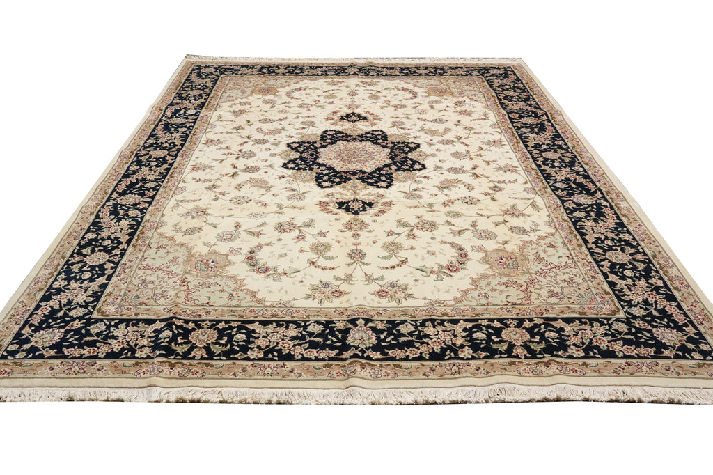 8.6 x 11.8 High Quality Wool And Silk Hand-Knotted Carpet Ivory Black Fancy Rug #F-4350