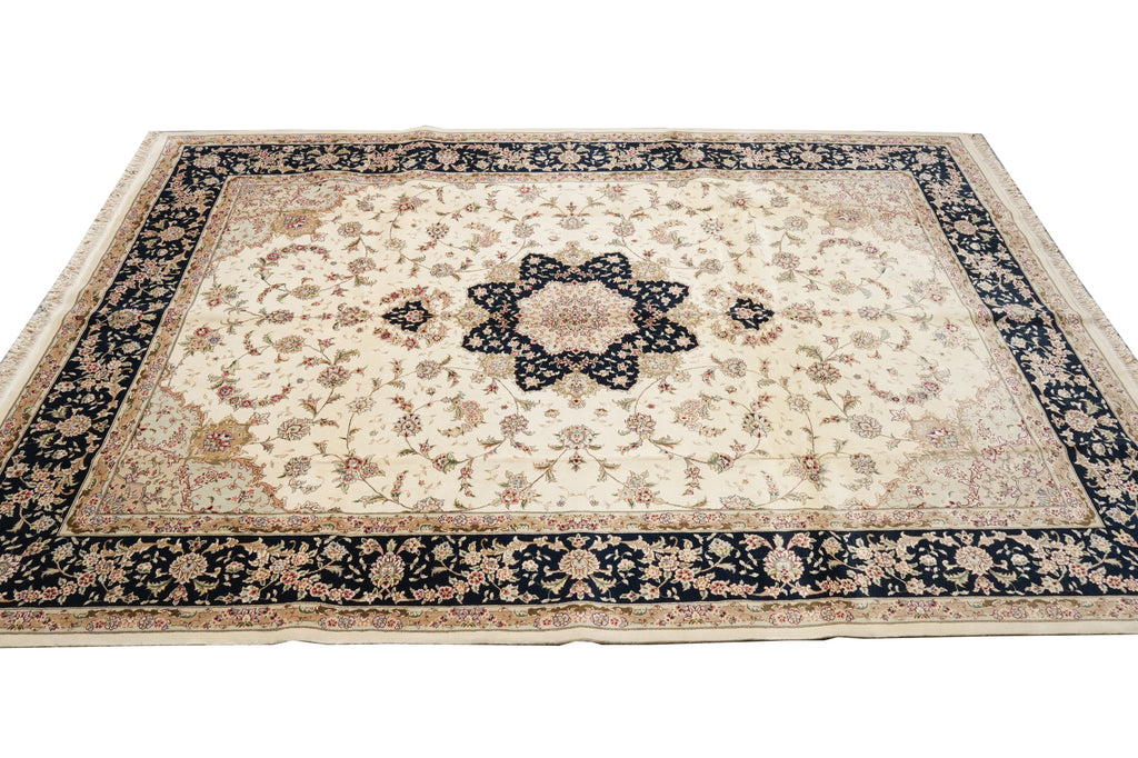 8.6 x 11.8 High Quality Wool And Silk Hand-Knotted Carpet Ivory Black Fancy Rug #F-4350