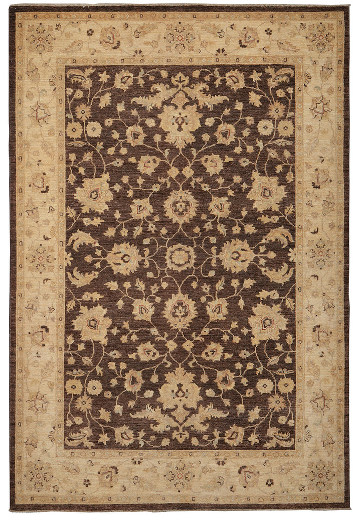 A traditional oriental-style area rug with a dark brown central field featuring an intricate beige floral and vine pattern, surrounded by a wide beige border with smaller floral motifs and a dark brown outer edge.
